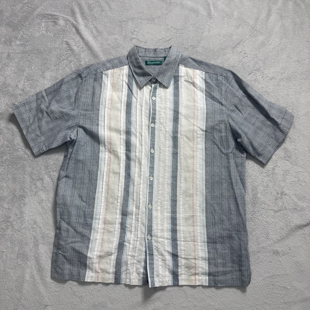Cubavera Mens XL Linen Cotton Shirt Gray White Short Sleeve Button up Front